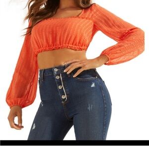 Guess Women's Vibrant Orange long square neck-Neck puff sleeve Blouse crop top.